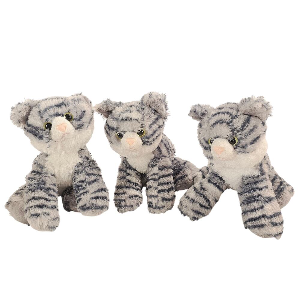 Lot of 3 Aurora Gray White Striped Cat Plush Stuffed Animal 8” Soft Toy